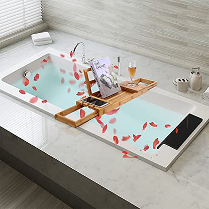 Utoplike Bamboo Bathtub Caddy Tray for Tub, Expandable Bath Table | Adjustable Bathroom Organizer, with Book Tablet Stand, Wine Glass Cup, Towel Holder - color: 19.8-33.5 in