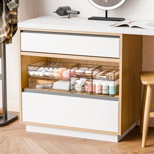 Clear Stackable Storage Drawers - Set of 6 - Acrylic Drawers,Bathroom Organizer Bin and Plastic Makeup Organizer,Clear Stacking Brightroom Storage Boxes for Vanity,Cabinet,Pantry Organization - style: 6 PACK（3 Size）