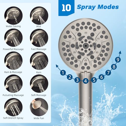 Hibbent High Pressue All Metal 8" Rainfall Shower Head, Handheld 10-Spray | cUPC Certified Brushed Nickel Dual Showerhead Combo, 4-way Diverter with Pause Mode, Brass Extension Arm, 71'' Hose & Holder - color: Brushed Nickel, style: Square 8"