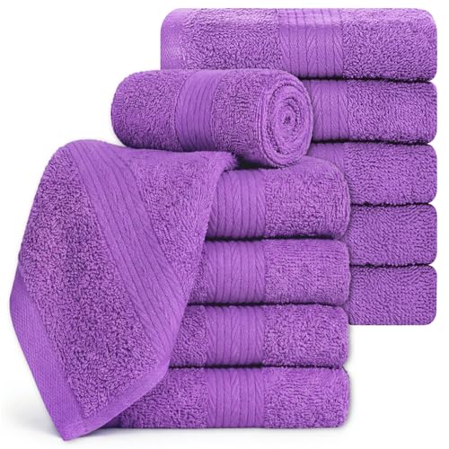 100% Cotton Washcloths 12x12 Inches, 600 GSM, Soft & Absorbent, Durable, Set of 10, Purple - color: Purple, size: Washcloth Set of 10