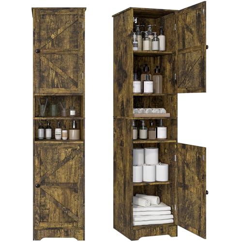 Viaozutis Tall Bathroom Storage Cabinet, Slim Freestanding Cabinet with Adjustable Shelves, Vertical Storage Organizer for Small Bathrooms, Toilet Paper & Daily Essentials Storage Retro Colors - color: Retro