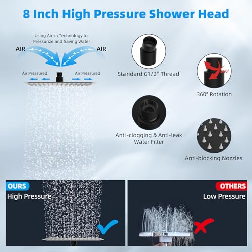 Hibbent All Metal 8'' Rain Shower Head, 16'' Extension Arm, Matte Black | cUPC Certified High Pressure Rainfall Showerhead with Solid Brass Adjustable Shower Head Extension Arm, Fixed Showerheads - color: Matte Black, style: Square 8''