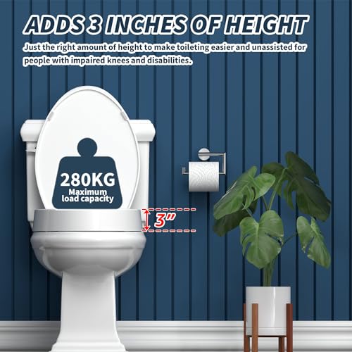 ELONGATED toilet seat risers for seniors, Slow Close, Elevated toilet seat, Heavy Duty, Never Loosen, Raised toilet seat elongated bowl, White(18.5”)