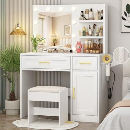 Vanity Desk with Mirror and Lights & Power Outlet | Makeup Desk with Drawer Storage Shelves,3 Lighting Mode Adjustable Brightness,Modern Handle Dressing Table with Chair Bedroom