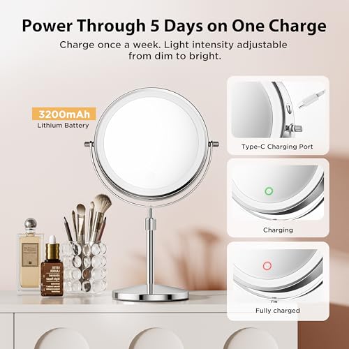 Double-Sided Makeup Mirror with Light, 1X/30X, 3 Colors, 3200mAh | 360° Rotating Mirror with Adjustable Brightness for Makeup, Skincare, and Vanity Use