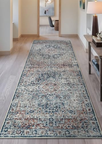 Bloom Rugs Caria Washable Non-Slip 10 ft Runner - Terracotta/Teal Traditional Runner for Entryway, Hallway, Bathroom, and Kitchen - Exact Size: 2'6" x 10' - color: Terracotta / Teal, size: 2'6" x 10' (Runner)