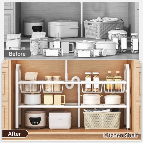2 Tier Under Sink Organizer Expandable Length/Height Adjustable Heavy | removable panels & baskets, 150% capacity boost, 50lb steel, anti-wobble feet, fits kitchen/bath/laundry, easy set up