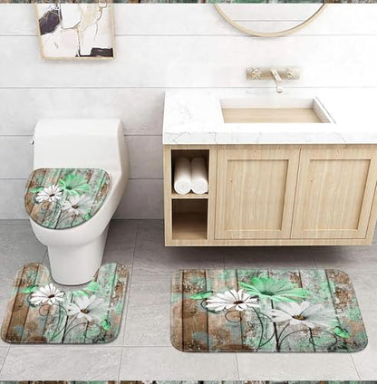 JAWO 4 Piece Green Daisy Flower on Rustic Wooden Plank Country Style Shower Curtain Sets with Non-Slip Rugs, Toilet Lid Cover and Bath Mat, Shower Curtain with 12 Hooks - color: Green-a, size: 5'10" x 5'10" (Rectangular)