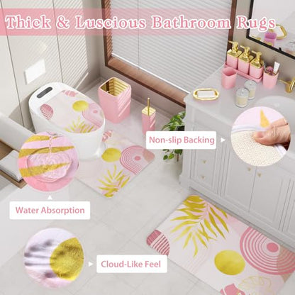 Bathroom Set - 27PC Bathroom Sets with Shower Curtain and Rugs, Pink Bathroom Set, Bathroom Accessory Set, Trash Can, Toilet Brush & 3 PC Soap Dispensers - color: Pink, size: Bath Set+Boho Shower Curtain+Bath Rugs