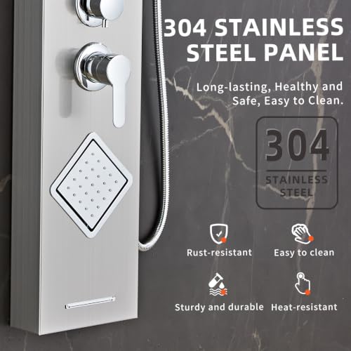 Shower Panel Tower System with Storage- Brushed Gray | 304 Stainless Steel 5-Function Shower Panel Faucet Set with Powerful Body Jets, Rainfall, Waterfall,Handheld and Tub Spout - color: Brushed Gray