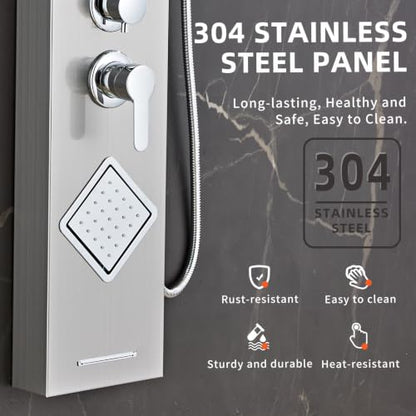 Shower Panel Tower System with Storage- Brushed Gray | 304 Stainless Steel 5-Function Shower Panel Faucet Set with Powerful Body Jets, Rainfall, Waterfall,Handheld and Tub Spout - color: Brushed Gray