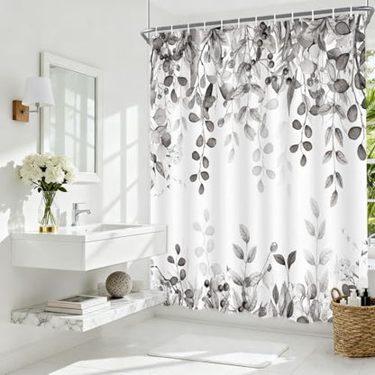 Long Gray Eucalyptus Shower Curtain 72X78 Inch, Black and White Watercolor Plants Leaves Tall Bathroom Curtains, Botanical Foliage Waterproof Fabric Cloth Shower Curtain Set with Hooks - color: Black, size: 72"W x 78"L (Pack of 1)