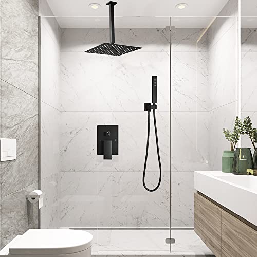 Shower System Matte Black Bathroom 10 Inch Rain Shower Head Ceiling Mount with Handheld Luxury High Pressure Shower Combo Set Shower Faucet Rough-in Valve Body and Trim Kit - color: Matte Black, size: 10 Inch