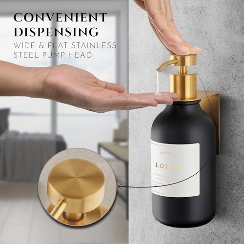 Shower Shampoo Dispenser Wall Mounted – 3 Refillable 16.9 oz Black Bottles with Stainless Steel Pumps & No-Drill Adhesive Holders – Soap Dispenser Set for Bathroom (3 X Black/Gold) - color: 3 X Black/Gold