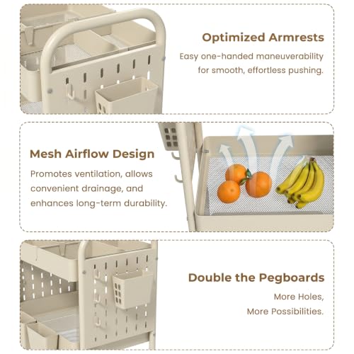 3 Tier Rolling Cart with Retractable Dividers, Multi-Functional White Rolling Utility Cart with Pegboards, Hooks & Hanging Cups for Nursery, Living Room, Studio - color: Beige