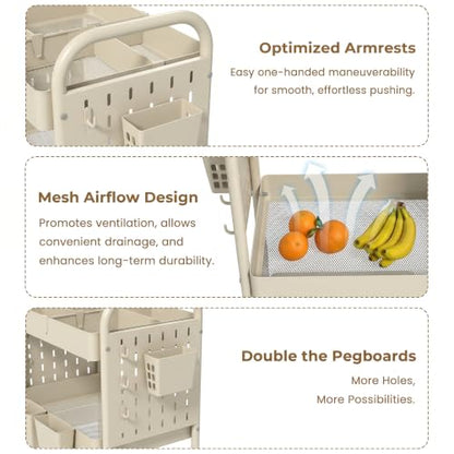 3 Tier Rolling Cart with Retractable Dividers, Multi-Functional White Rolling Utility Cart with Pegboards, Hooks & Hanging Cups for Nursery, Living Room, Studio - color: Beige
