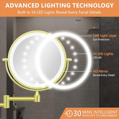 Auxmir 1X/30X Wall Mounted Makeup Mirror, 8" Rechargeable Magnifying Mirror | double-sided button, 3200mAh, 3 dimmable colors, 360° rotation, extended arm, 30X magnification, bathroom, gold - color: 8'' 30x-gold