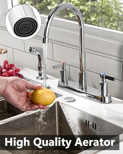 Kitchen Faucet with Side Sprayer, 8 Inch Centerset 4-Hole Chrome | Lead-Free 4-Hole High Arc Kitchen Sink Faucet, 1.8 GPM, 360° Spout - color: Chrome