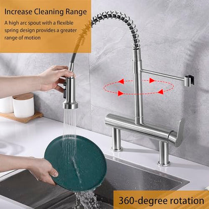 8"" Center Bridge Faucet, Pre Rinse Faucets, Spring Commercial Sink Tap | 304 Stainless Steel Constructed, Rotatable, 3-Function Sprayer - color: Style D