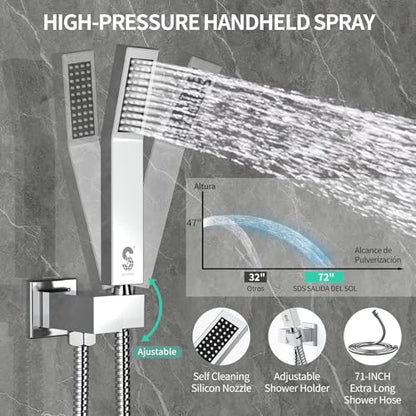 SR SUN RISE 8 Inch All Metal Square Shower System with Tub Spout, Tub Shower Faucet Set, High Pressure Rain Shower Head and Handheld Sprayer Shower Fixtues, Valve Included, Polished Chrome - color: Polished Chrome, size: 8 Inch
