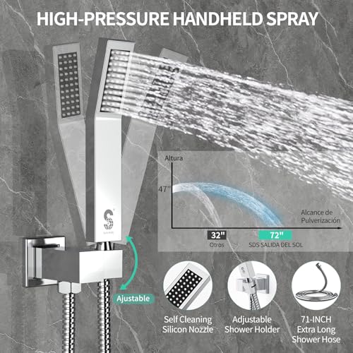 SR SUN RISE 12 Inch All Metal Square Shower System with Tub Spout, Tub Shower Faucet Set, High Pressure Rain Shower Head and Handheld Sprayer Shower Fixtues, Valve Included, Polished Chrome - color: Polished Chrome, size: 12 Inch