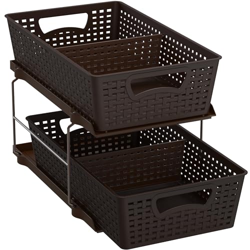Simple Houseware 2 Tier Pull-Out Sliding Drawer Under Sink Storage, Brown | Great for Kitchen Bathroom Tray Shelf Organizer - color: Brown