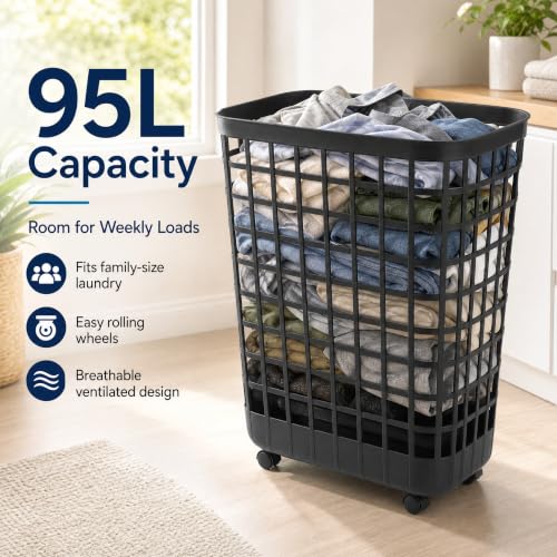 95L Large Plastic Laundry Hamper, Black, Slim Rectangular, Ventilated, Reinforced Handles,Tall Clothes Basket for Bathroom, Dorm, and Closet - size: 95L