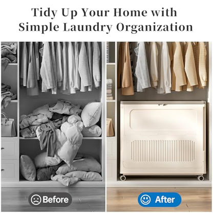 Extra Large Laundry Hamper with Lid Wheels 180L | Fits Large Families, Industries, Heavy-Duty Frame, 4 Smooth Wheels, Dust-Free Lid, Easy-Clean Plastic, Foldable Assembly - color: Milky, size: 180L