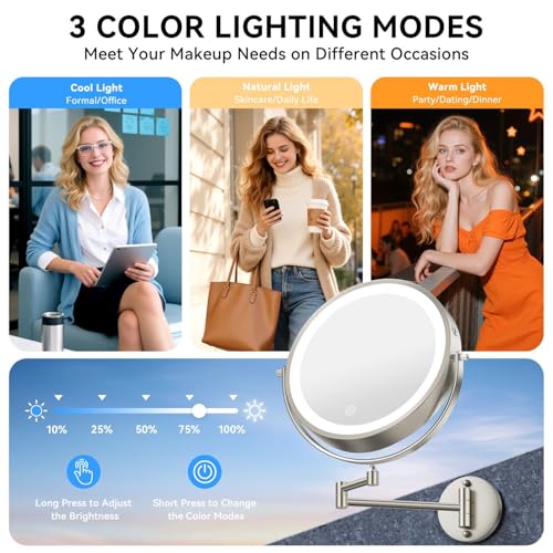 Auxmir 9″ 5000mAh 1X/30X Wall Mounted Lighted Magnifying Makeup Mirror | Power Adapter&2 Tweezers Included/ 3 Dimmable Colors/ Dual Sided Button Control/ Rechargeable/ 360° Rotation Extended Arm - color: 9'' 30x-nickel+adapter