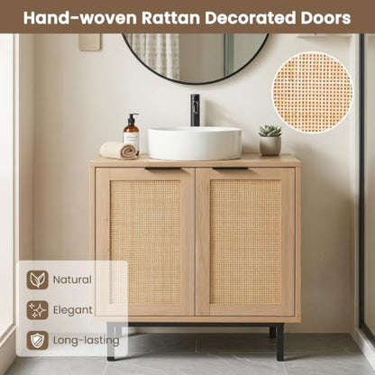 24-inch Pedestal Sink Storage Cabinet, Under Sink Cabinet (Natural) | U-Shaped Cut-Out | 2 Rattan Doors & Shelf | Solid Metal Legs - color: Natural