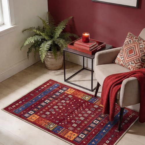 Keen Home Design Vintage Washable Entryway Rug, Non-Slip Low Pile, 2x3 | Machine washable cotton chenille, 0.25in low pile, rubber non-slip back; kitchen, entryway, bathroom, bedside - color: Burgundy / Multicolor, size: 2' x 3' (Rectangular)
