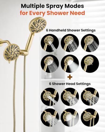 gotonovo Dual Shower Head Kit with Valve 6 Mode Handheld Brushed Gold | 6 Mode ABS Rain Head 6 Mode ABS Handheld Spray 2 in 1 Bathroom Trim Kit Pressure Balance Valve Shower Head and Handle Set - color: Gold