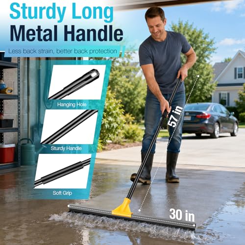 SOBONNE 30" Large Floor Squeegee Broom for Concrete Water Removal | Heavy Duty Double Rubber Water Squeegee/57" Long Handle for Tile Deck Bathromm Pool Warehouse Outdoor/Yellow - size: 30 In Floor Squeegee