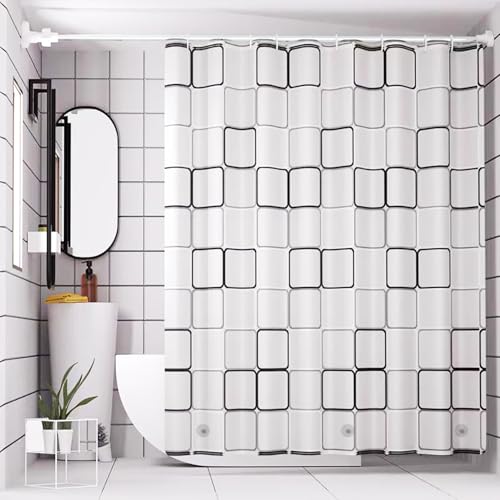 TIKABC Shower Curtain Liner, 4G PEVA Shower Liner, Plastic Waterproof Shower Curtains, with Grommet Holes and 3 Magnetic Weights(Black White Big Square) - color: Black White Large Squre