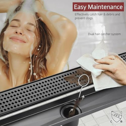 Linear Shower Drain, 12 inch Matte Black | Including Hair Catcher and Removable Grate, 304 Stainless Steel, Easy to Install and Clean (Drain Base Not Included) - color: Matte Black, size: 12 Inch