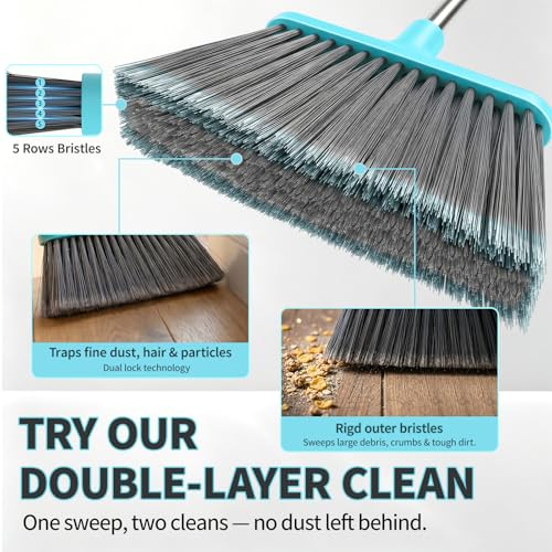 Broom with Dustpan Combo Set, Silicone Broom,Long Handle Broom with Upright Standing Dustpan, Squeegee - Broom for Indoor Cleaning 2+1,for Indoor Outdoor,Smooth Floors, Rugs