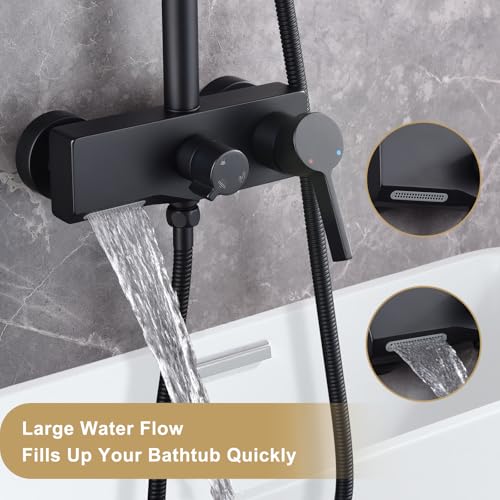 Matte Black Exposed Shower System with 2 Modes HandHeld,3 Functions Tub Shower Faucet Sets with Brass Valve, Shower Fixture with 10 Inches Rainfull Shower Head,Shower Height Adjustable - color: B- Matte Black with Round Shower Head