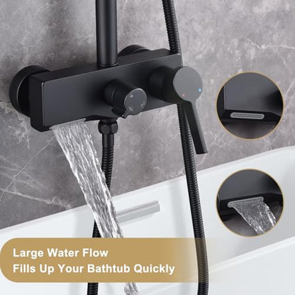 Matte Black Exposed Shower System with 2 Modes HandHeld,3 Functions Tub Shower Faucet Sets with Brass Valve, Shower Fixture with 10 Inches Rainfull Shower Head,Shower Height Adjustable - color: B- Matte Black with Round Shower Head