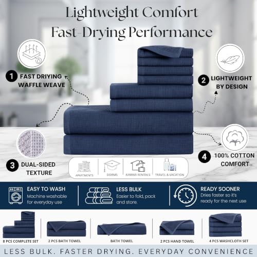 100% Turkish Cotton Dual-Sided Waffle and Terry Towel Set - Ultra Absorbent, Soft & Quick Dry - Bath Towels, Hand Towels & Washcloths (Dusty Blue, 8-Piece Complete Towel Set) - color: Dusty Blue, size: 8-Piece Complete Towel Set