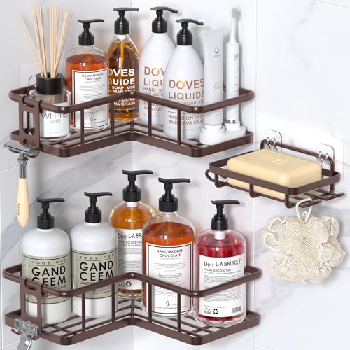 Corner Shower Caddy Adhesive, 100% Rustproof Shower Organizer with Soap Holder, No Drill Shower Shelf for Inside Shower, Wall-Mounted Shower Storage for Homes (3 Pack, Bronze) - color: Bronze