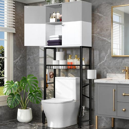 Over-The-Toilet Storage Rack, 4-Tier Bathroom Organizer Shelf Over Toilet with Barn Doors Cabinet and Basket, Freestanding Space Saver Bathroom Shelves with Paper Holder Above Toilet (Gray & White) - color: Gray White