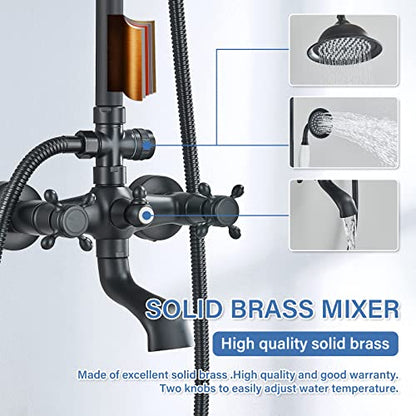 Shower System Matte Black Outdoor Shower Fixtures with 8 Inch Shower Head Handheld Spray and Tub Spout 2 Cross Handles Wall Mounted Shower Faucet Set for Bathroom or Backyard - color: Matte Black, style: Three Modes