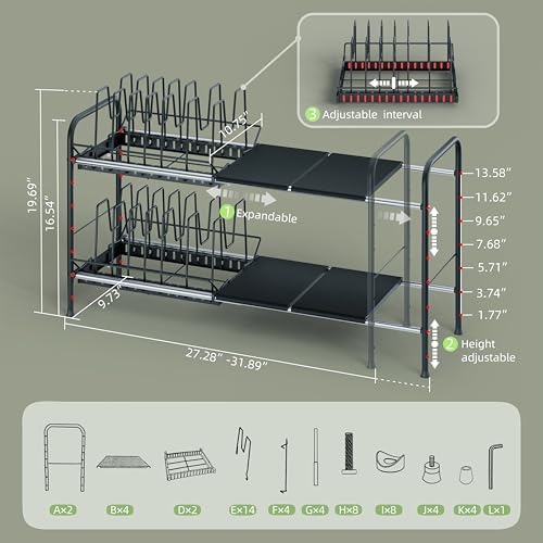 Expandable Under Sink Organizer，Pot and pan Organizer Under Cabinet | Pan Lid Organizer,Expandable Storage shelf with 2 Pan Racks（14 Dividers）and 4 Removable Panels,Adjustable partition height - size: Multi-functional with 2 pot holders