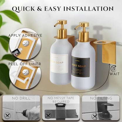 Shower Shampoo Dispenser Wall Mounted – 3 Refillable 16.9 oz White Bottles with Stainless Steel Pumps & No-Drill Adhesive Holders – Soap Dispenser Set for Bathroom (3 X White/Gold) - color: 3 X White/Gold