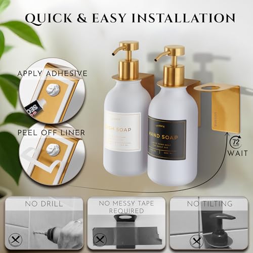 Shower Shampoo Dispenser Wall Mounted – 3 Refillable 16.9 oz White Bottles with Stainless Steel Pumps & No-Drill Adhesive Holders – Soap Dispenser Set for Bathroom (3 X White/Gold) - color: 3 X White/Gold