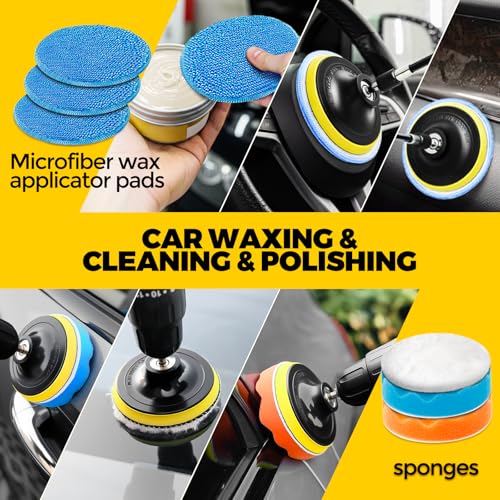 Holikme 22Pack Drill Brush Attachments Set,Scrub Pads & Sponge, Buffing Pads,Power Scrubber Brush,Car Polishing Pad Kit,Wax Applicator Pad,Car Cleaning Kit,Masonry Brushes,Cleaning Supplies | Buffing Sponges, Nylon Grout Tools, Microfiber Wax Pads, Tile B