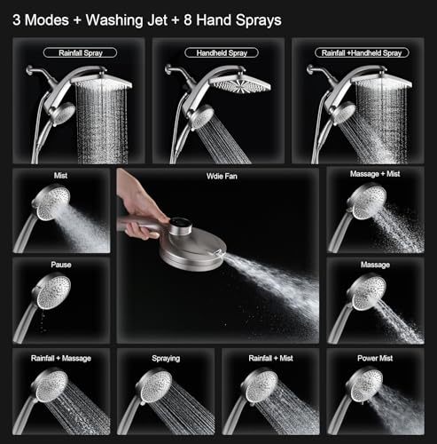 12" High Pressue Rain Shower Head with Handheld, 9 Sprays Hand Showerhead | Shower Heads with Handheld Spray Combo, Dual Head, Built-in Magnetic Docking, Power Jets, 59" Shower Hose, Nickel 1.75GPM - color: Nickel