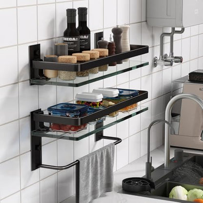 Bathroom Shelves Wall Mounted, Clear Tempered Glass Shelf with Towel Bar, Hand Towel Holder(Matte Black) - color: Black, size: Combo Set