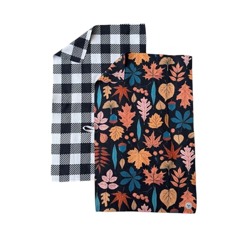 Kitchen Towels, Dish Towels for Kitchen, 2 Pc Kitchen Towel Set | Microfiber Waffle Towels, 16 x 26 inches, with Hanging Loops, Reusable Tea Towels, Cute Kitchen Towels - 2 Pack - color: Fall Leaves Black
