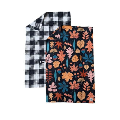 Kitchen Towels, Dish Towels for Kitchen, 2 Pc Kitchen Towel Set | Microfiber Waffle Towels, 16 x 26 inches, with Hanging Loops, Reusable Tea Towels, Cute Kitchen Towels - 2 Pack - color: Fall Leaves Black